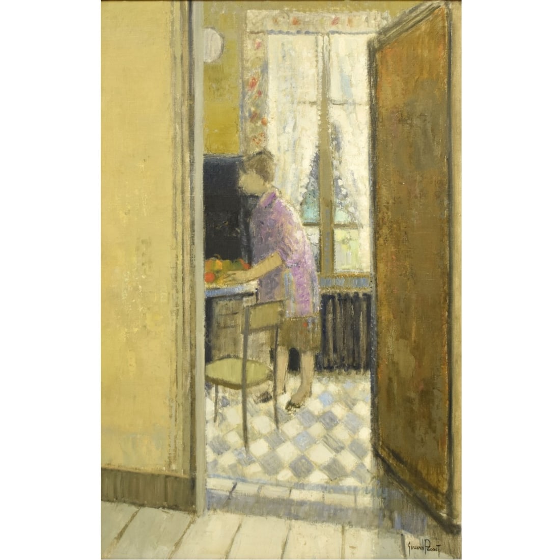 Gerard Passet, French (1936-2013): Gerard Passet (1936-2013) French "La Cuisine" Oil on Canvas. Framed. Signed bottom right hand corner. Verso with Norton Gallery West Palm Beach, FL tag. Stretcher measures: 44-1/2" high, 28" wide,