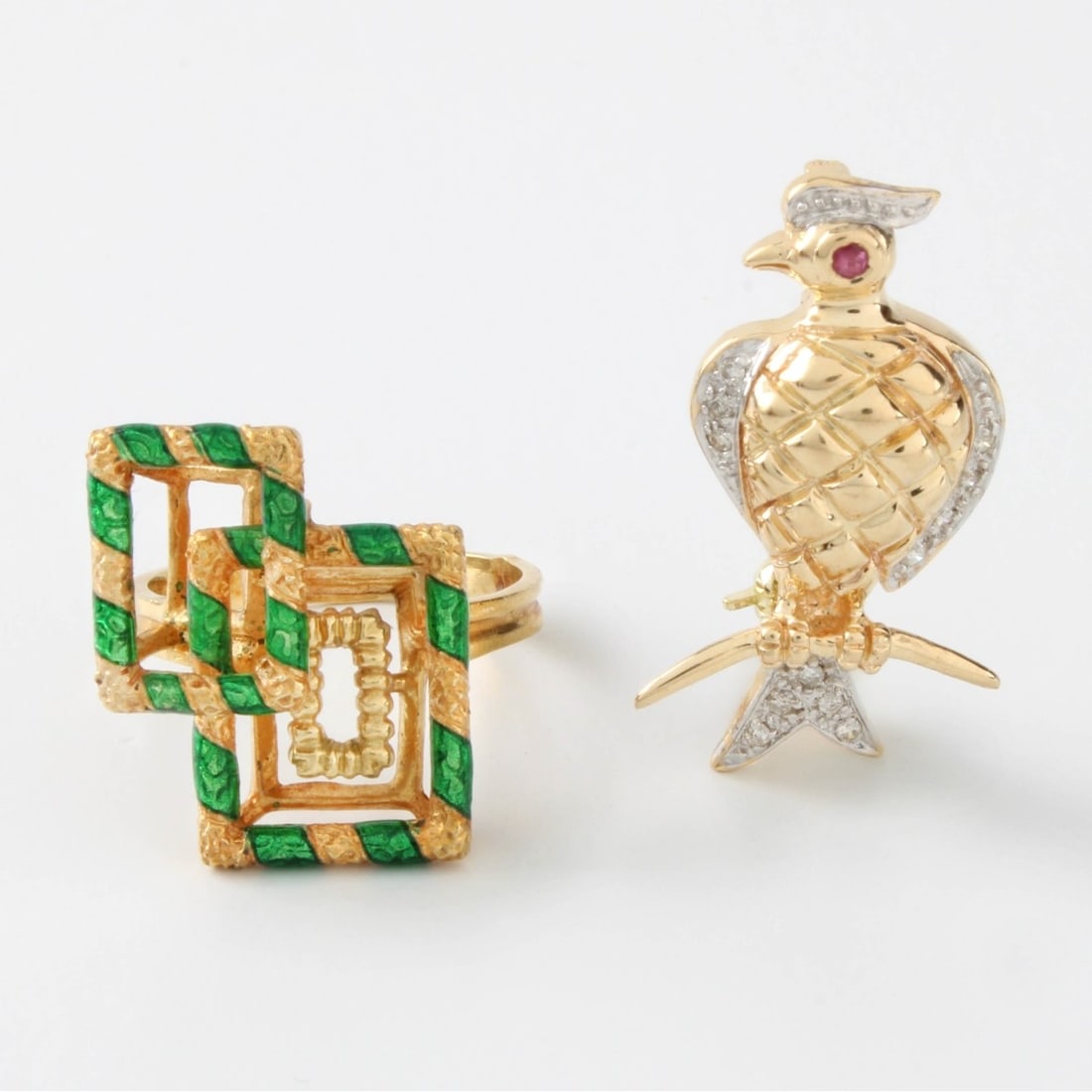 18K Ring & 14K Pin: Vintage Retro Design 18 Karat Yellow Gold and Green Enamel Ring together with 14 Karat Yellow Gold Bird Pin with Ruby Eye and Single Cut Diamond Accents. Stamped 18K, 14K. Bird pin measures 1" H. Appr