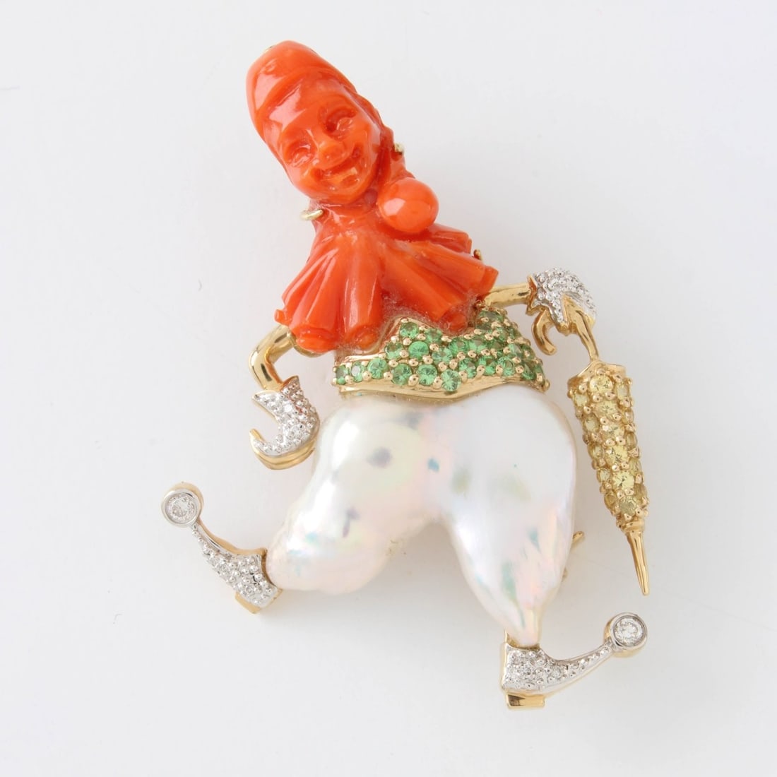 Coral, Pearl and 14K Pendant / Pin: Vintage Coral, pearl and 14 Karat Yellow Gold Clown Pendant / Pin. Set with red coral, mabe pearl and accented throughout with small round diamonds, citrine and tsavorite garnet. Measures 1-1/2" H.