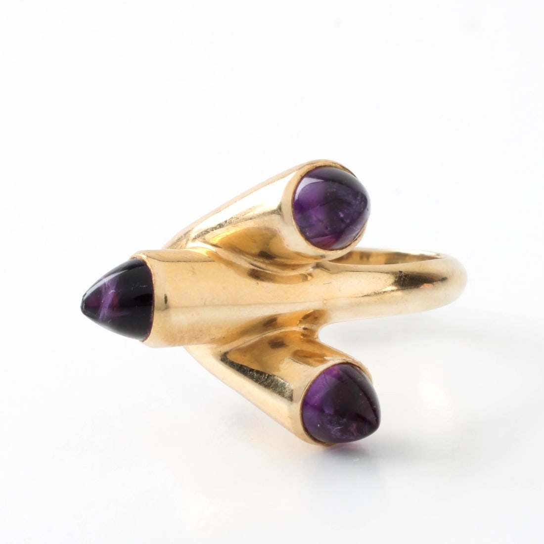 Amethyst and 14K Ring: Retro Conical Shape Amethyst and 14 Karat Yellow Gold Ring. Signed AJ, stamped 585. Ring size 6-1/2. Approx. weight: 6.07 grams. Kodner Galleries offers phone and absentee bidding at a low, flat 21%