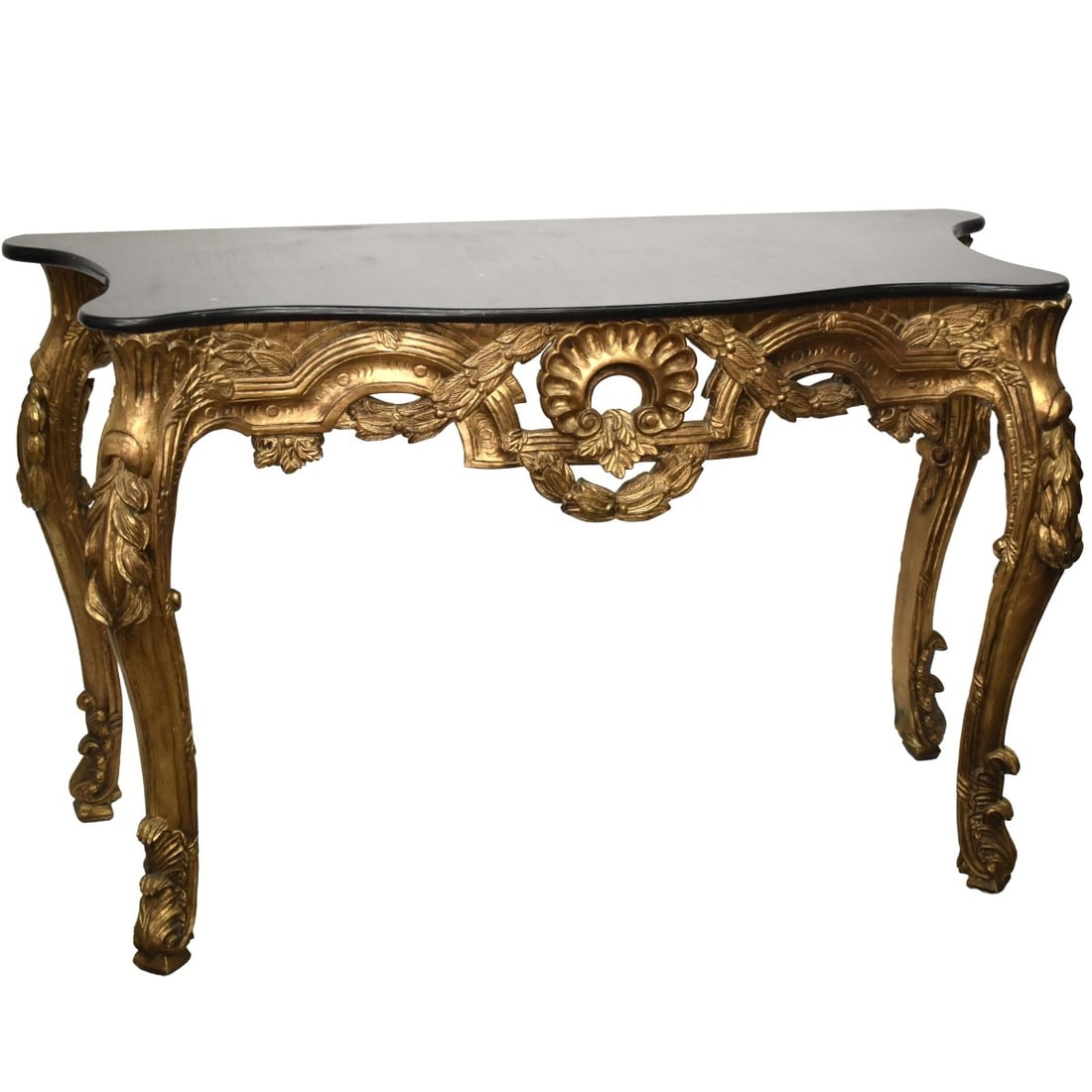 Rococo Style Console Table: Rococo Style Carved Giltwood with Black Marble Top Ornate Console Table. Measures: 35" high, 58" at widest point, 26-1/2" at widest point. Kodner Galleries offers phone and absentee bidding at a low,