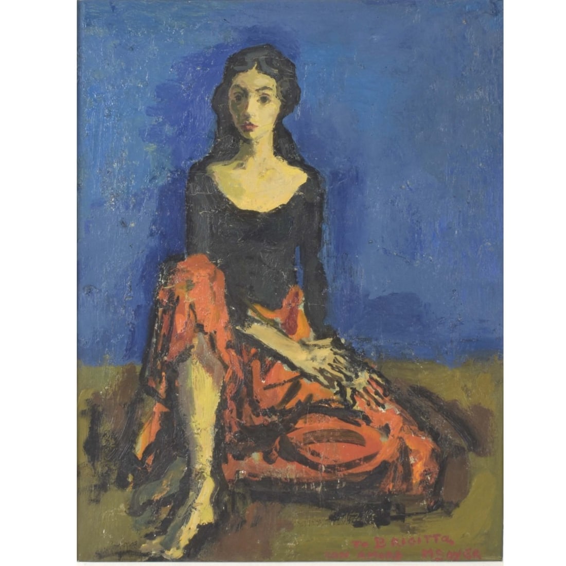 Moses Soyer, American (1898-1974): Moses Soyer, American (1898-1974) Oil on Canvas. Framed. Depicting a barefooted woman sitting on the floor with her legs crossed. Signed bottom right hand corner with a dedication. Stretcher