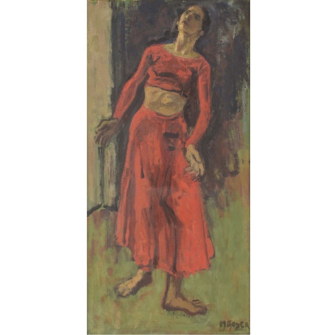 Moses Soyer, American (1898-1974): Moses Soyer, American (1898-1974) Oil on Canvas. Framed. Depicting dancer with a red costume. Signed bottom right hand corner. Stretcher measures: 20" high, 10" wide. frame measures: 28" high, 18"