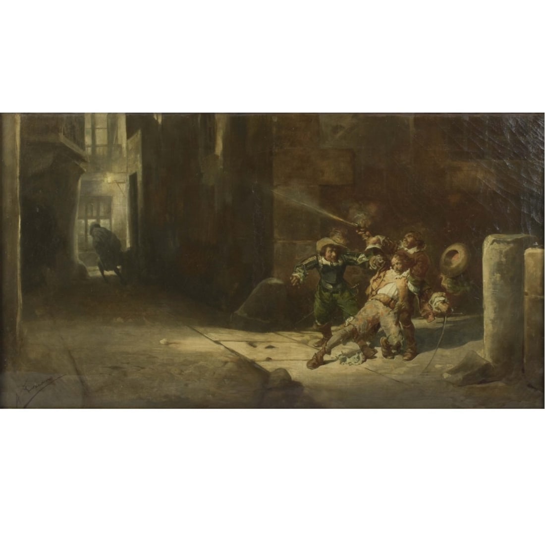 Angel (Monedero) Lizcano y Esteban (1846-1929): Angel (Monedero) Lizcano y Esteban, Spanish (1846-1929) Oil on Canvas. Framed. Depicting a tavern fight scene. Signed bottom left hand corner. Measures: 12-3/4" high, 24" wide. Kodner Galleries