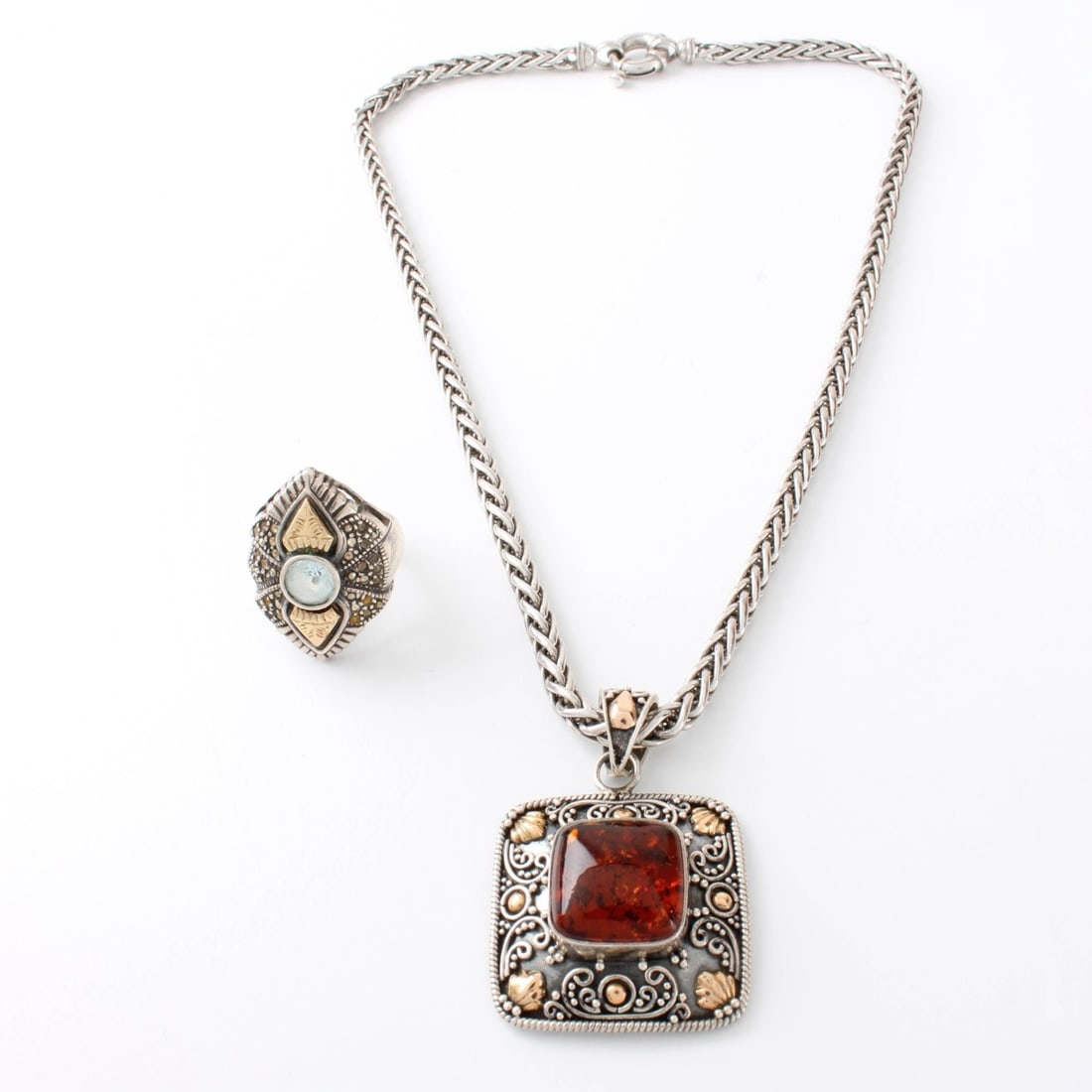 Sterling and 18K&14K Necklace and Ring: Vintage Sterling Silver and 18 Karat Yellow Gold Pendant Necklace with Amber together with Sterling Silver and 14 Karat Yellow Gold Ring. Pendant stamped Indonesia 18K 925. Ring with round cut light