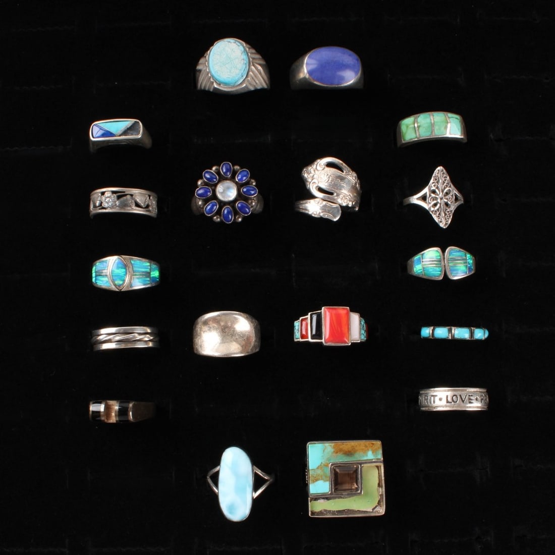 Sterling Rings: Collection of Eighteen (18) Vintage Sterling Silver Rings. Most accented with various hardstones. Rings sizes 6 to 11-1/2. Approx. total weight: 132.0 grams. Condition: Good vintage condition. Some