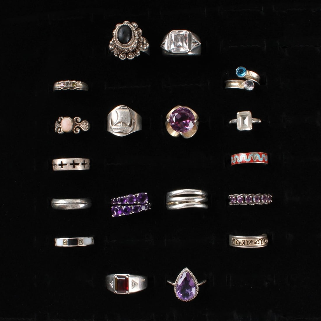 Sterling Rings: Collection of Eighteen (18) Vintage Sterling Silver Rings. Variously accented with color stones, enamel and hardstones.. Rings sizes 5-1/2 to 10-1/2. Approx. total weight: 95.82 grams. Condition:
