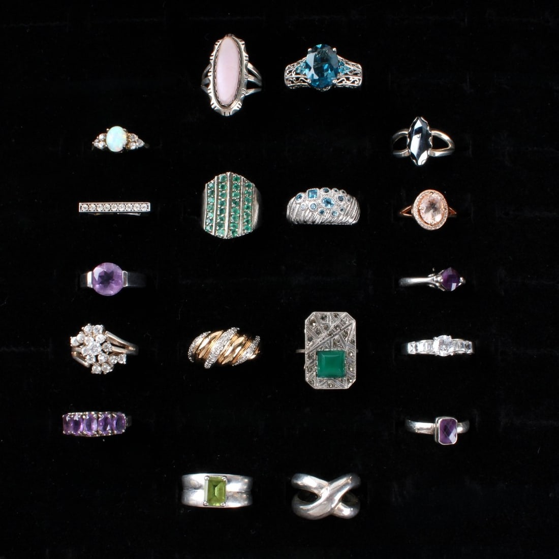 Sterling Rings: Collection of Eighteen (18) Vintage Sterling Silver Rings. Variously accented with color stones, faux diamonds and hardstones.. Rings sizes 6 to 10. Approx. total weight: 86.46 grams. Condition: Good