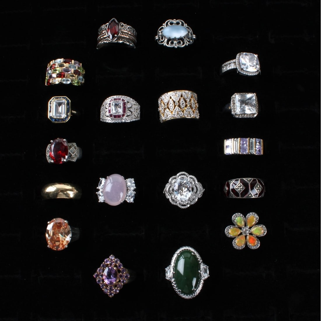Sterling Rings: Collection of Eighteen (18) Vintage Sterling Silver Rings. Variously accented with color stones, faux diamonds, enamel and hardstones.. Rings sizes 5-3/4 to 8-3/4. Approx. total weight: 114.08 grams.