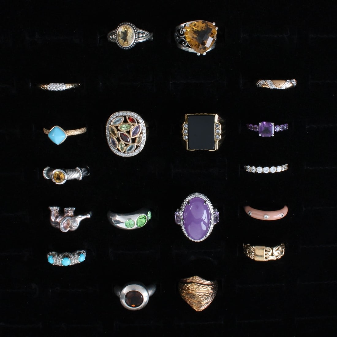 Sterling Rings: Collection of Eighteen (18) Vintage Sterling Silver Rings. Variously accented with color stones, faux diamonds, enamel and hardstones.. Rings sizes 6 to 8. Approx. total weight: 89.14 grams.