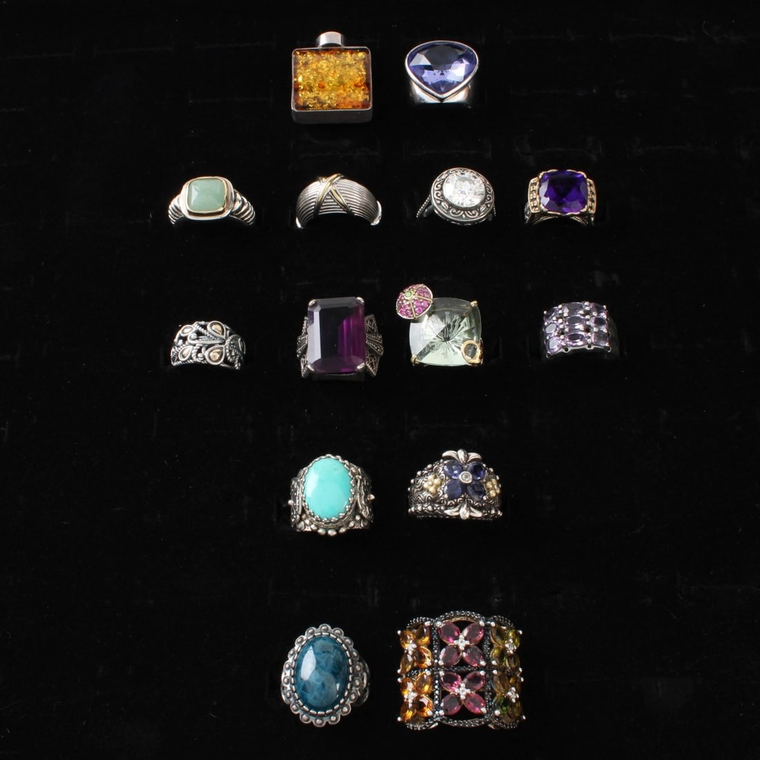 Sterling Rings: Collection of Fourteen (14) Vintage Sterling Silver Rings. Variously accented with color stones, faux diamonds and hardstones.. Rings sizes 5 to 8. Approx. total weight: 149.42 grams. Condition: Good