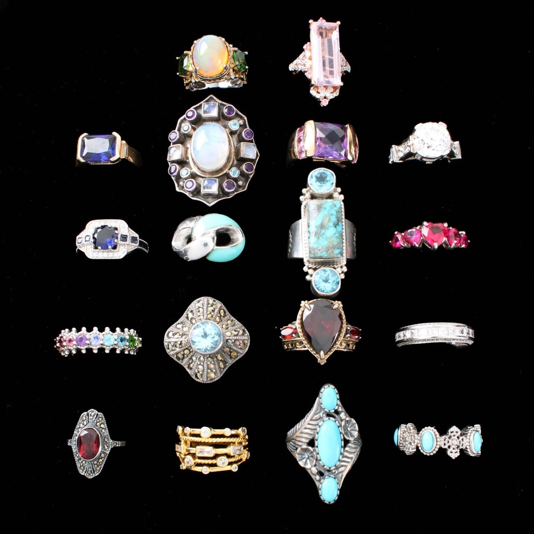 Sterling Rings: Collection of Eighteen (18) Vintage Sterling Silver Rings. Variously accented with color stones, hardstones and faux diamonds. Rings sizes 6 to 7. Approx. total weight: 106.46 grams. Condition: Good