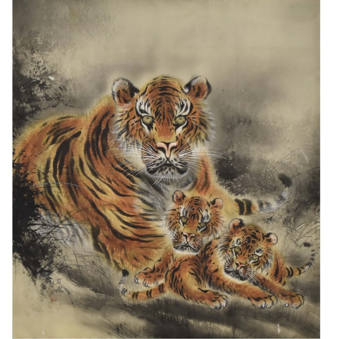 Japanese Ink and Gouache Painting: Mid-19th Century Japanese Ink and Gouache Painting of a Lion and Her Cubs on Silk . Framed. Signed bottom left hand side in Japanese character marks. Image area measures: 37-1/4" high, 33-1/2" wide,