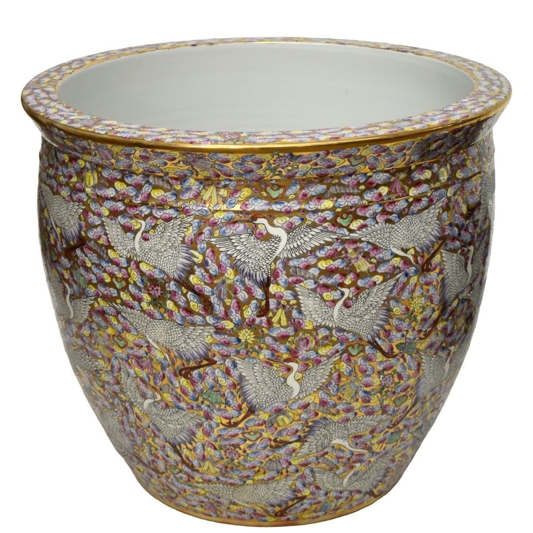 Chinese Fish Bowl Planter: Modern Chinese Porcelain Fish Bowl Planter with a Wood Stand. Porcelain measures:18-1/2" high, 21-1/2" diameter, wood stand measures: 10-1/2" high. Kodner Galleries offers phone and absentee bidding