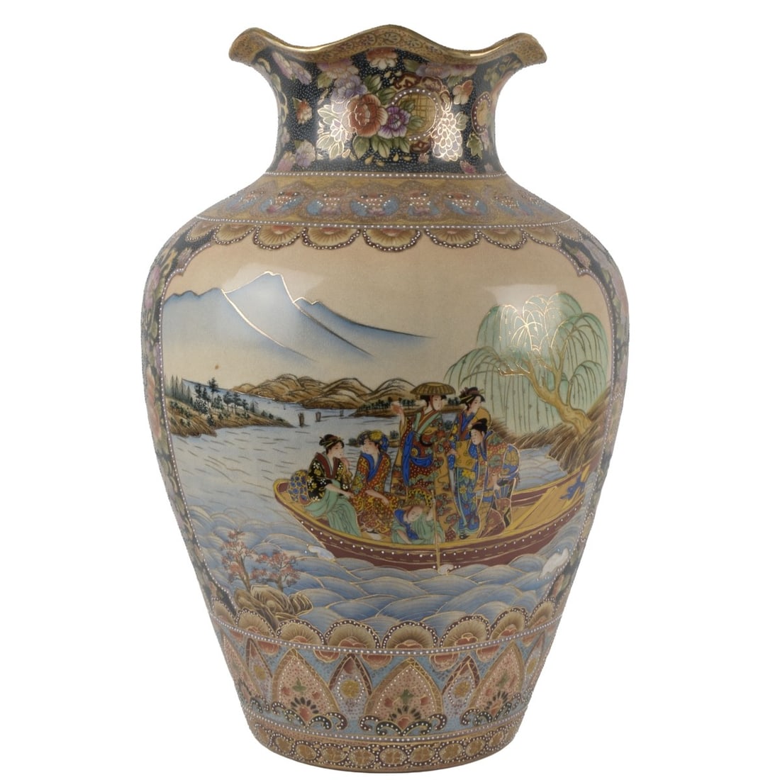 Late 20th C. Japanese Satsuma Style Vase: Late 20th Century Japanese Satsuma Style Moriage Vase with Geisha Girls and Flowers with a Wood Stand. Porcelain measures: 24" high, 15" diameter, wood stand measures: 8" high. Kodner Galleries