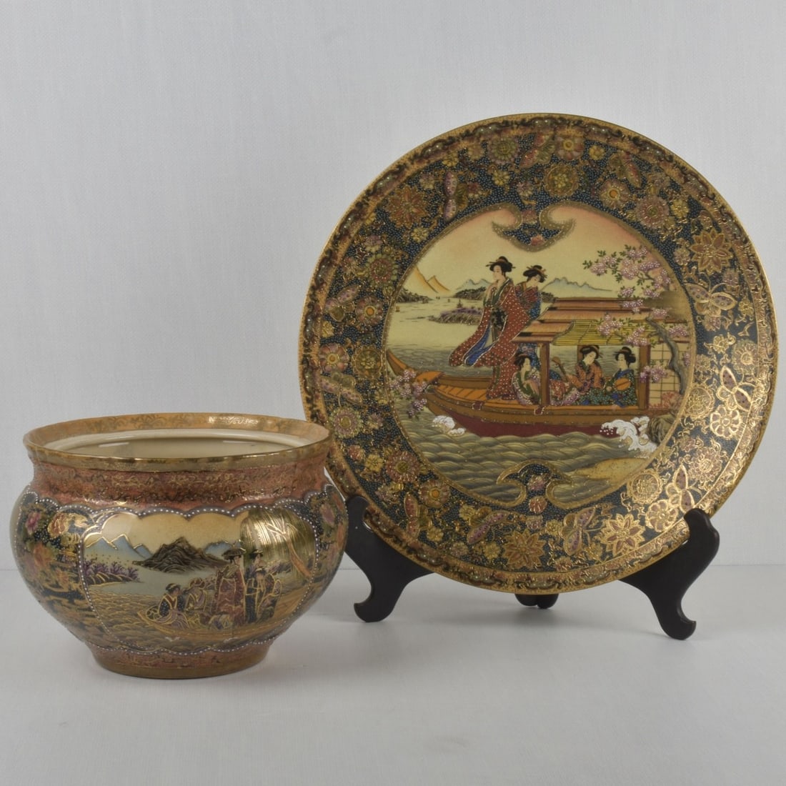 Japanese Chinese Style Satsuma Porcelain: Late 20th Century Chinese Japanese Style Satsuma Moriage Porcelain Pieces. Consisting of: one (1) large dish with Geisha girls, measures: 2" high, 17-1/2" diameter, one (1) fish bowl planter with