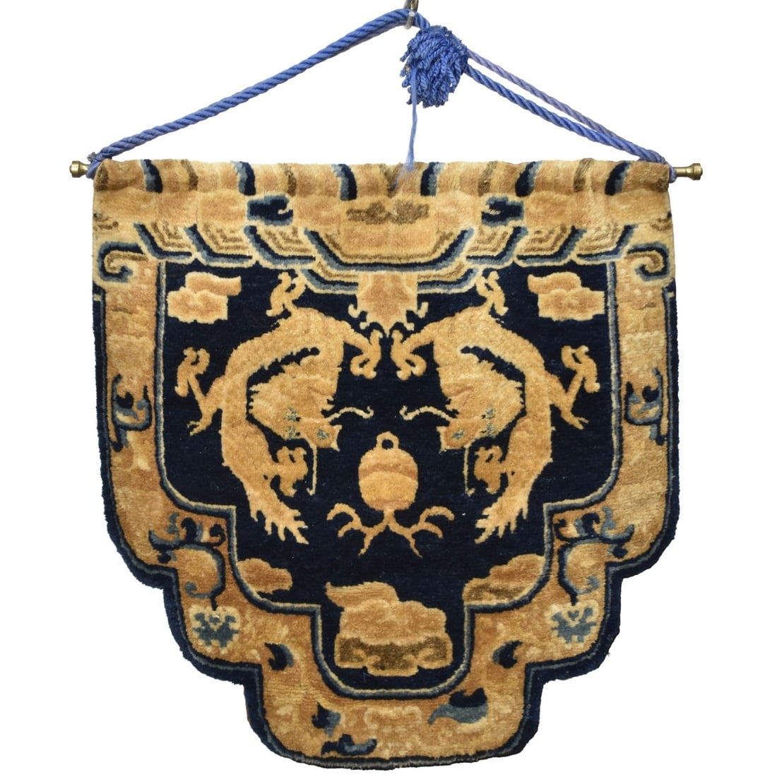 Antique Ningxia Chinese Rug: Antique Ningxia Chinese Allover Hand Knotted Wool Pile Rug with Hanging Brass Rod. Measures: 27" high, 27" wide. Kodner Galleries offers phone and absentee bidding at a low, flat 21% buyer?s premium