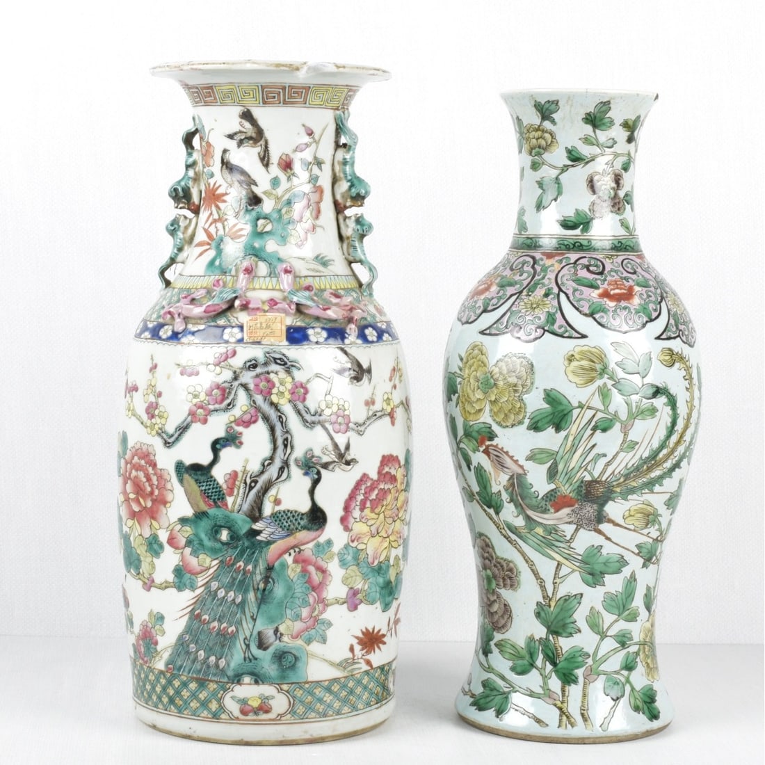 Vintage Chinese Rose Medallion Vases: Two (2) Vintage Chinese Rose Medallion Vases with Wax Seals. Tallest measures:18" high, 8" diameter. Kodner Galleries offers phone and absentee bidding at a low, flat 21% buyer?s premium without