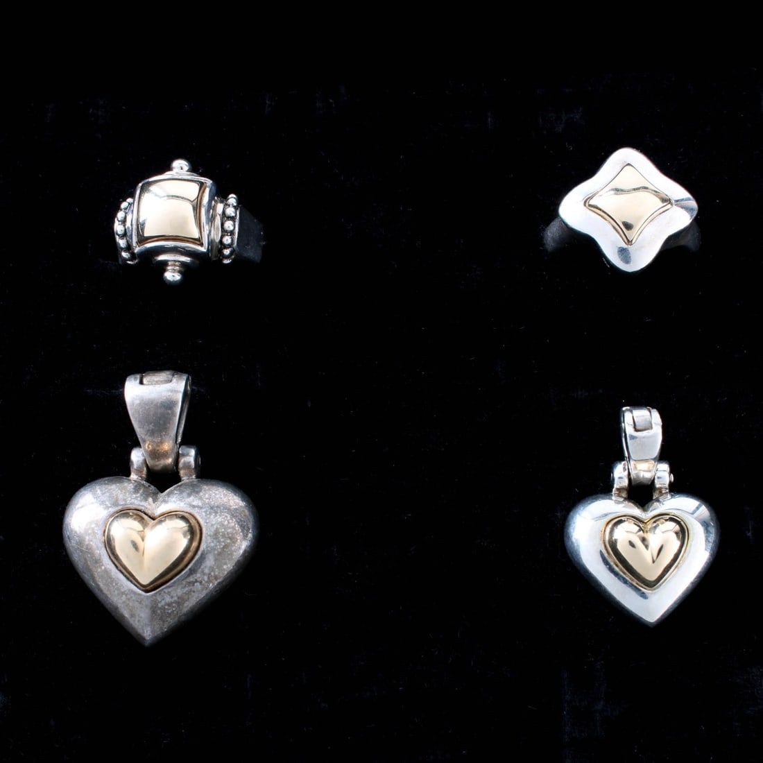 Sterling and 14K Rings & Pendants: Vintage Sterling Silver and 14 Karat Yellow Gold Rings and Pendants. Comprising two rings and two pendants. Stamped sterling 14K. Ring sizes 8-3/4. Larger pendant measures 1-1/4" L, 1" W. Approx.