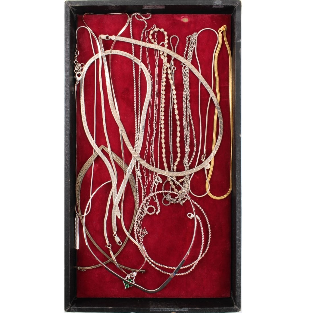 Sterling Chains / Necklaces: Collection of Sixteen (16) Sterling Silver Chain / Necklaces. Two with pendants accented with color stones and faux diamonds. Various lengths Approx. total weight: 156.0 grams. Kodner Galleries offers