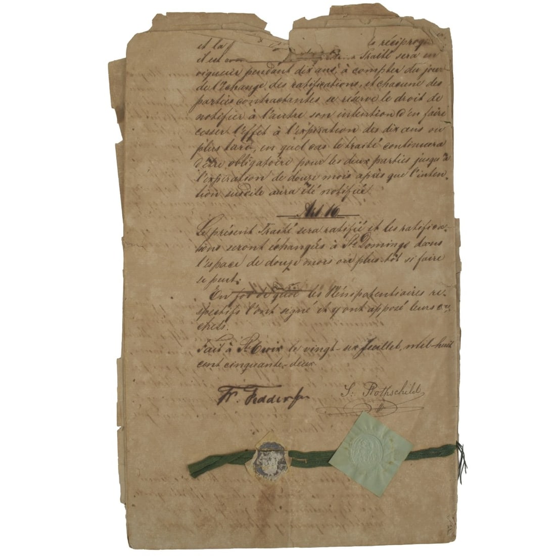Rothschild Signed Document: Rothschild Signed Document with Green Silk Ribbon Ties and Wax Seal. Measures: 14-1/2" high, 9" wide. Kodner Galleries offers phone and absentee bidding at a low, flat 21% buyer?s premium without