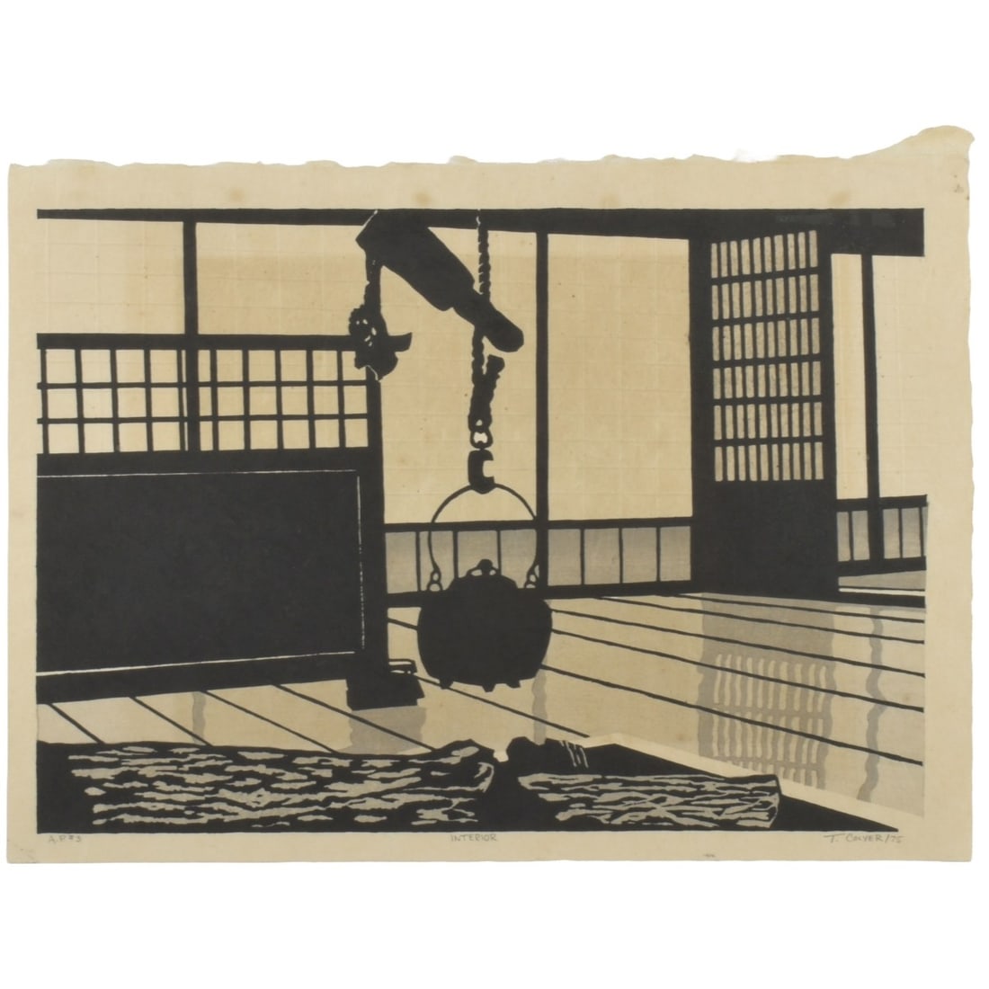 Ted Colyer, Canada/Japan (born 1947): Ted Colyer, Canada/Japan (born 1947) "Interior" Woodblock Print on Embossed Paper. Signed, titled and dated and marked "A.P. #3". Sheet size measures: 13-1/2" high, 18-1/2" wide, frame measures: