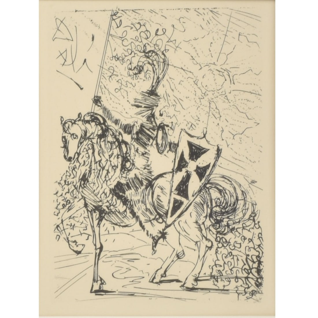 Salvador Dali, Spanish 1904-1989: Salvador Dali, Spanish 1904-1989 "El Cid" Etching. Framed under glass. COA from The Collectors Guild NY affixed to the back. Image area measures: 6-1/2" high, 4-1/4" wide, frame measures: 15" high,