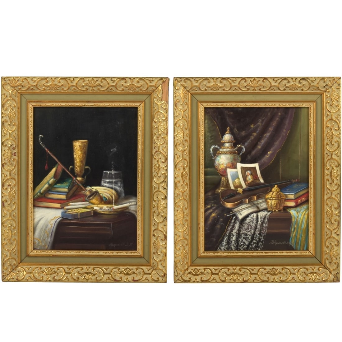 Pair of Miniature Paintings: Pair of Miniature Oil on Board Still Life's. Framed. Both artist signed bottom right hand corner. Boards measure: 9-1/2" high, 7" wide, frames measure: 12-1/2" high, 10" wide. Kodner Galleries offers