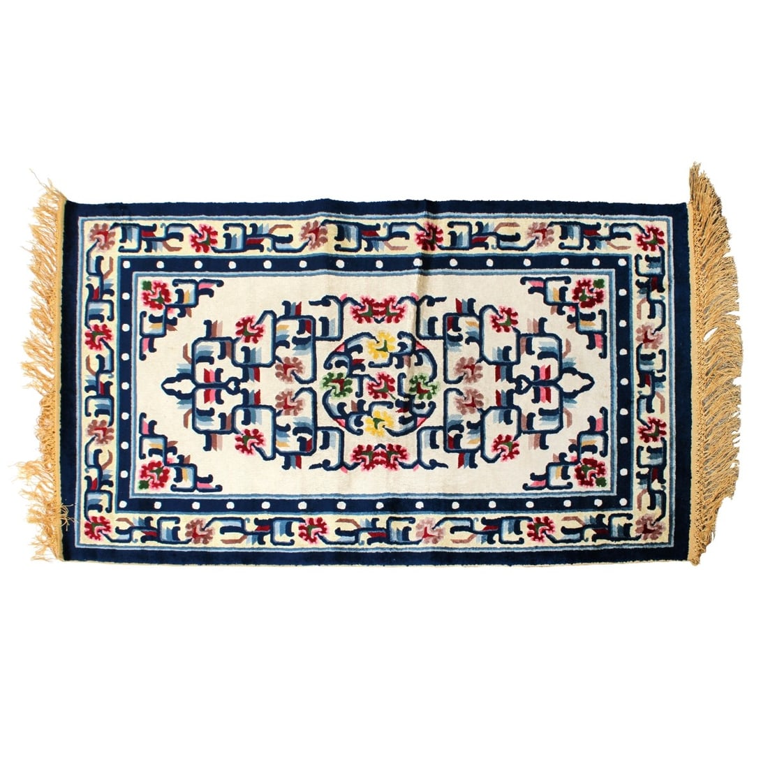 Chinese Silk Rug: Modern Tradition Design Hand Knotted Chinese Silk Rug with Gold Fringe. Measures: 82" x 37". Kodner Galleries offers phone and absentee bidding at a low, flat 21% buyer?s premium without surcharge or