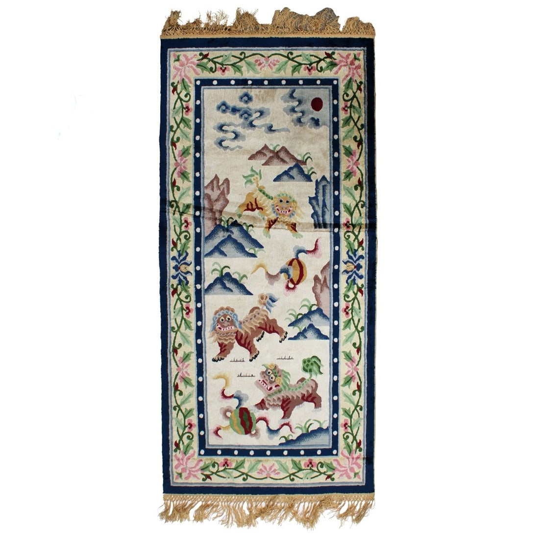 Chinese Silk Rug: Modern Tradition Design Hand Knotted Chinese Silk Foo Dog Rug with Gold Fringe. Measures: 73" x 37". Kodner Galleries offers phone and absentee bidding at a low, flat 21% buyer?s premium without