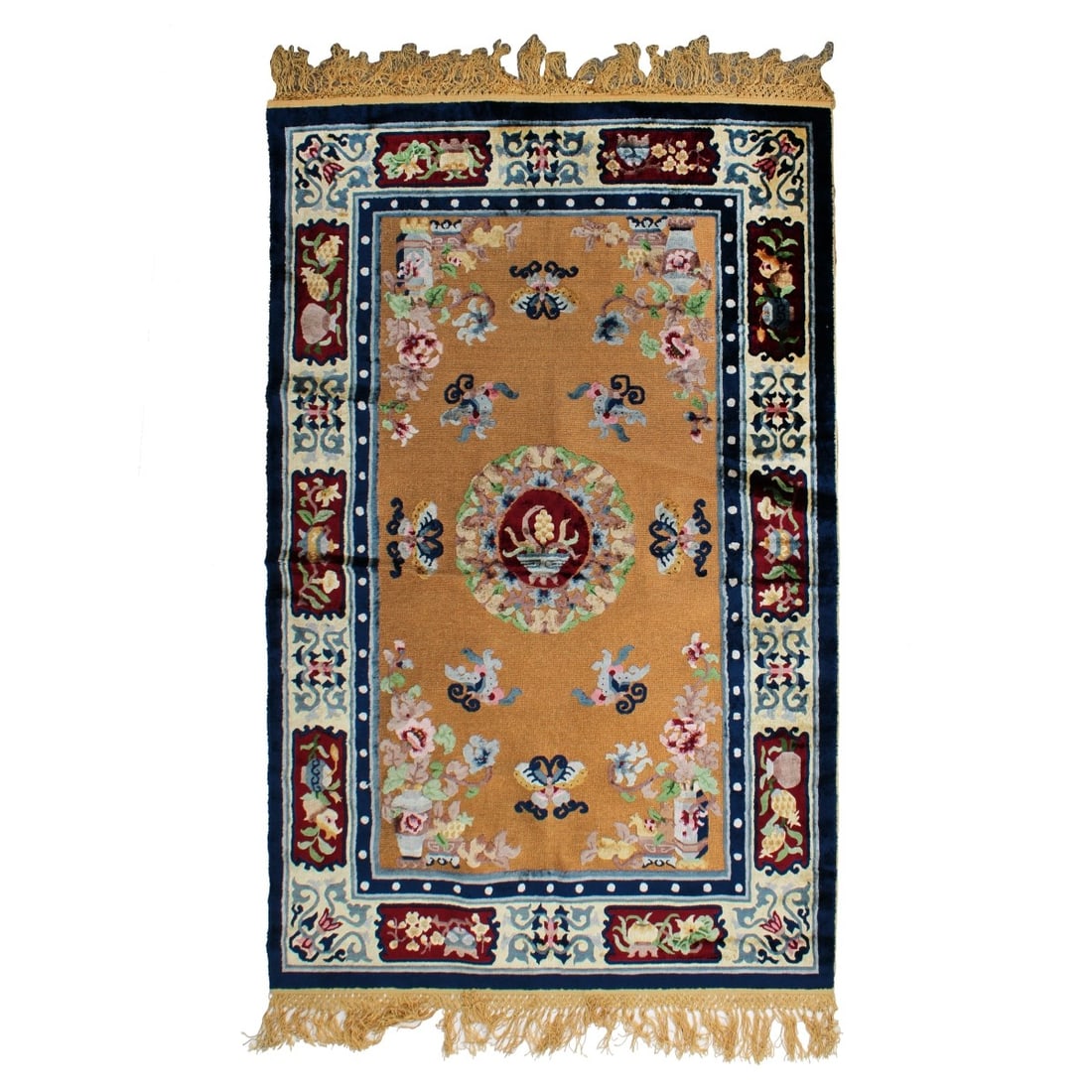 Chinese Silk Rug: Modern Tradition Design Hand Knotted Chinese Silk Rug with Gold Fringe. Measures: 75" x 49". Kodner Galleries offers phone and absentee bidding at a low, flat 21% buyer?s premium without surcharge or 
