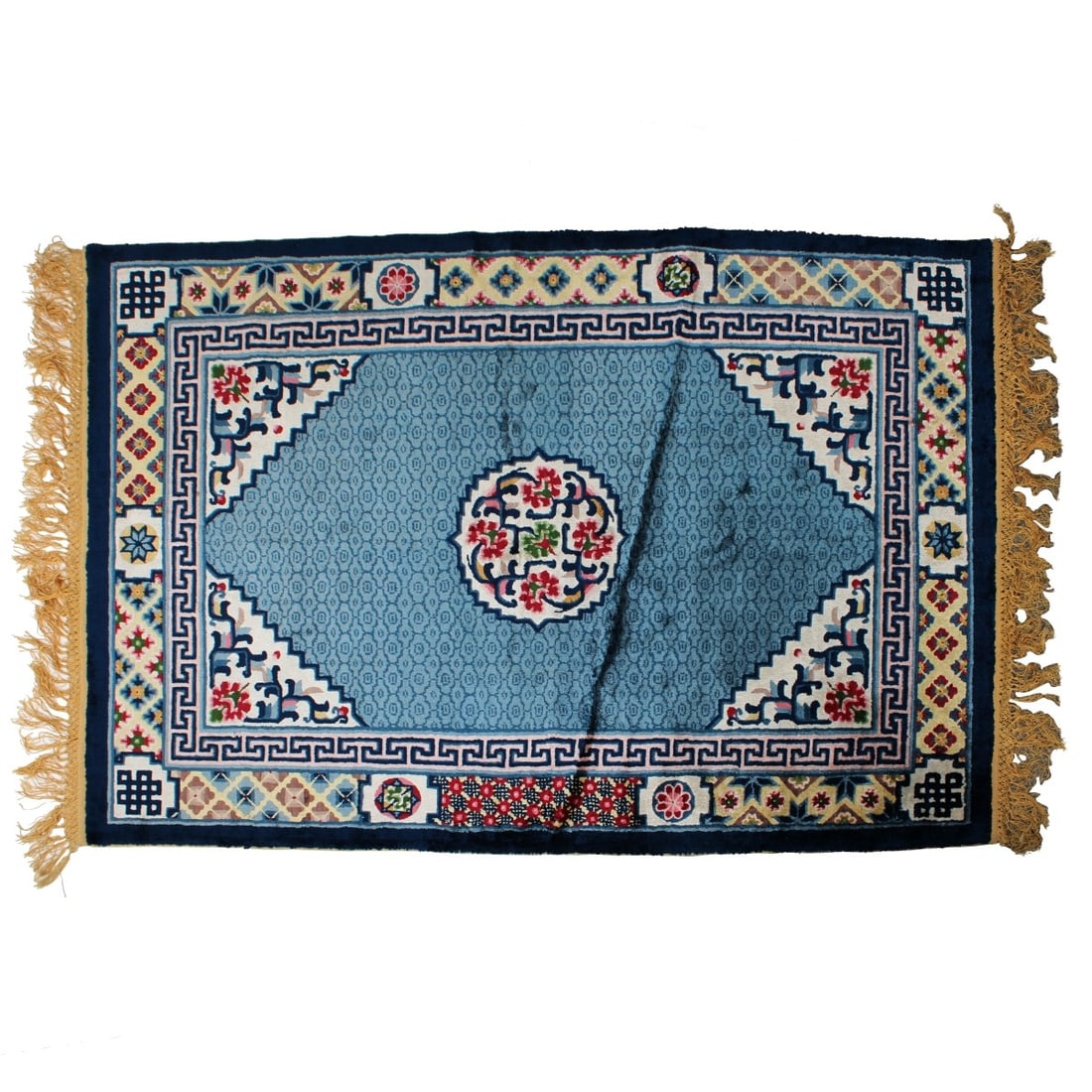 Chinese Silk Rug: Modern Tradition Design Hand Knotted Chinese Silk Rug with Gold Fringe. Measures: 72" x 49-1/2". Kodner Galleries offers phone and absentee bidding at a low, flat 21% buyer?s premium without