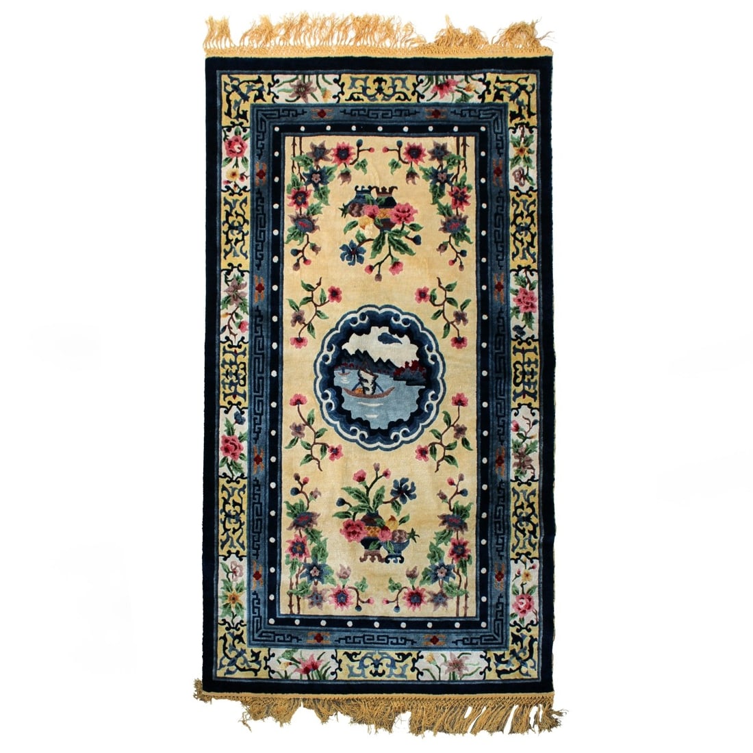 Chinese Silk Rug: Modern Tradition Design Hand Knotted Chinese Silk Floral Rug with Gold Fringe. Measures: 88" x 49-1/2". Kodner Galleries offers phone and absentee bidding at a low, flat 21% buyer?s premium without su