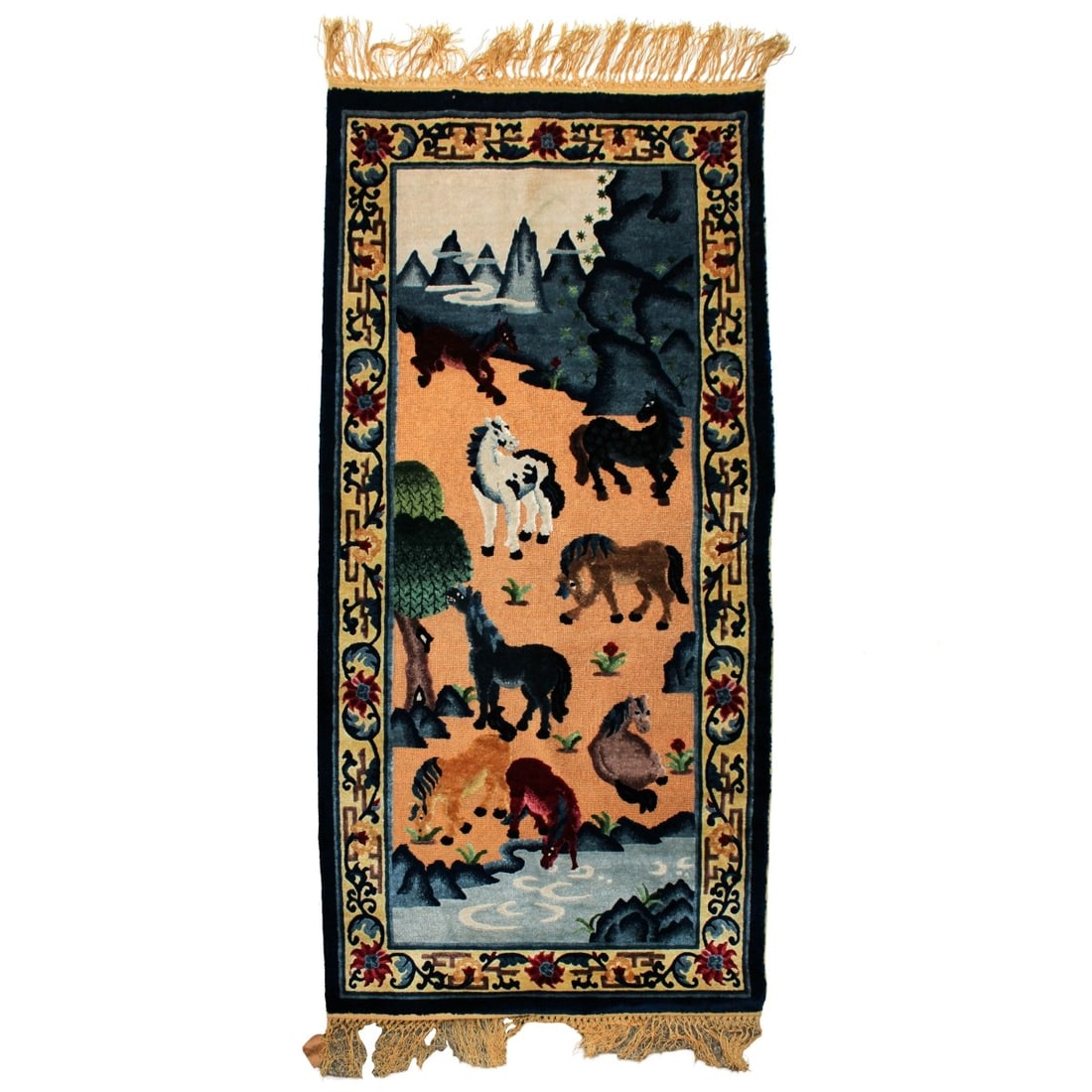 Chinese Silk Rug: Modern Tradition Design Hand Knotted Chinese Silk Horses Rug with Gold Fringe. Measures: 74" x 37-1/2". Kodner Galleries offers phone and absentee bidding at a low, flat 21% buyer?s premium without