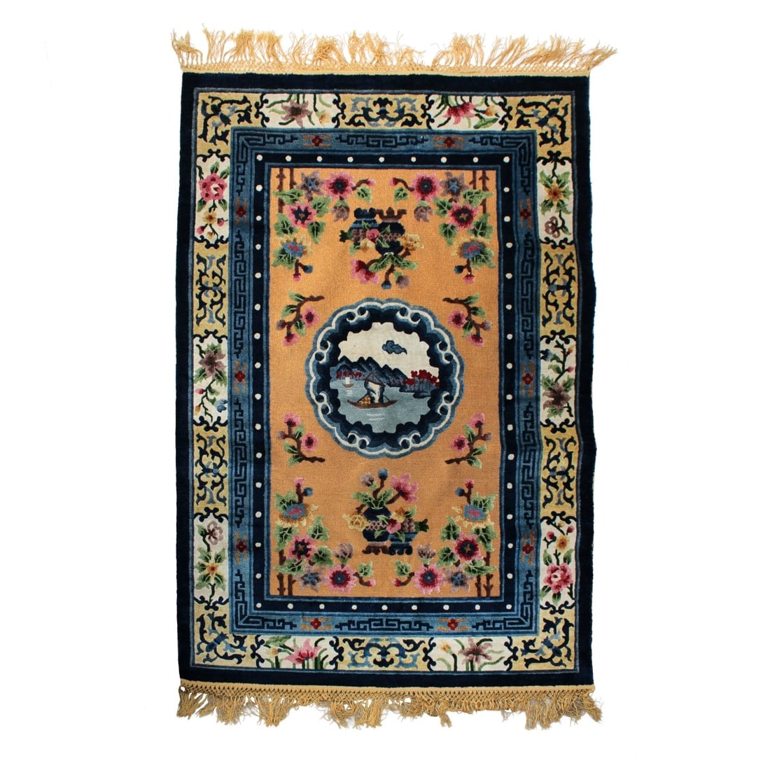 Chinese Silk Rug: Modern Tradition Design Hand Knotted Chinese Silk Horses Rug with Gold Fringe. Measures: 74" x 49". Kodner Galleries offers phone and absentee bidding at a low, flat 21% buyer?s premium without surcha