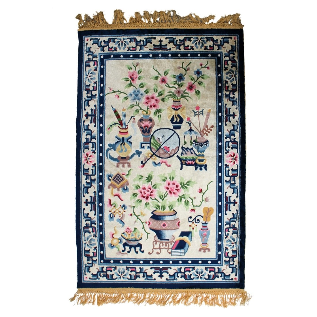 Chinese Silk Rug: Modern Tradition Design Hand Knotted Chinese Silk Potted Flowers Rug with Gold Fringe. Measures: 73" x 48-1/2". Kodner Galleries offers phone and absentee bidding at a low, flat 21% buyer?s premium