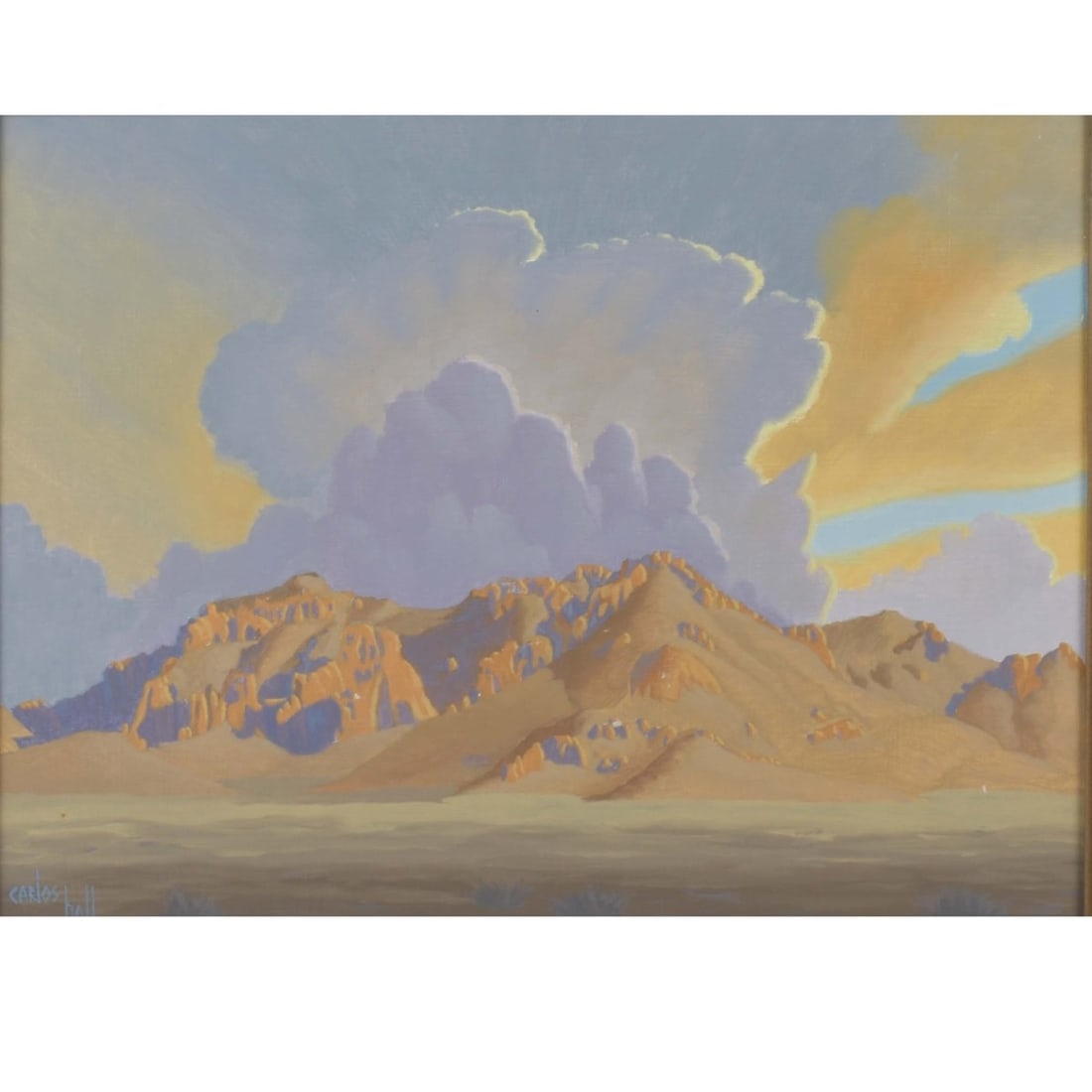 Carlos Hall, American (1928-1997): Carlos Hall, American (1928-1997) "Desert Splendor " Oil on Panel. Framed. Signed "Carlos Hall" bottom left hand corner. Image area measures: 12" high, 16" wide, frame measures: 20" high, 24" wide.