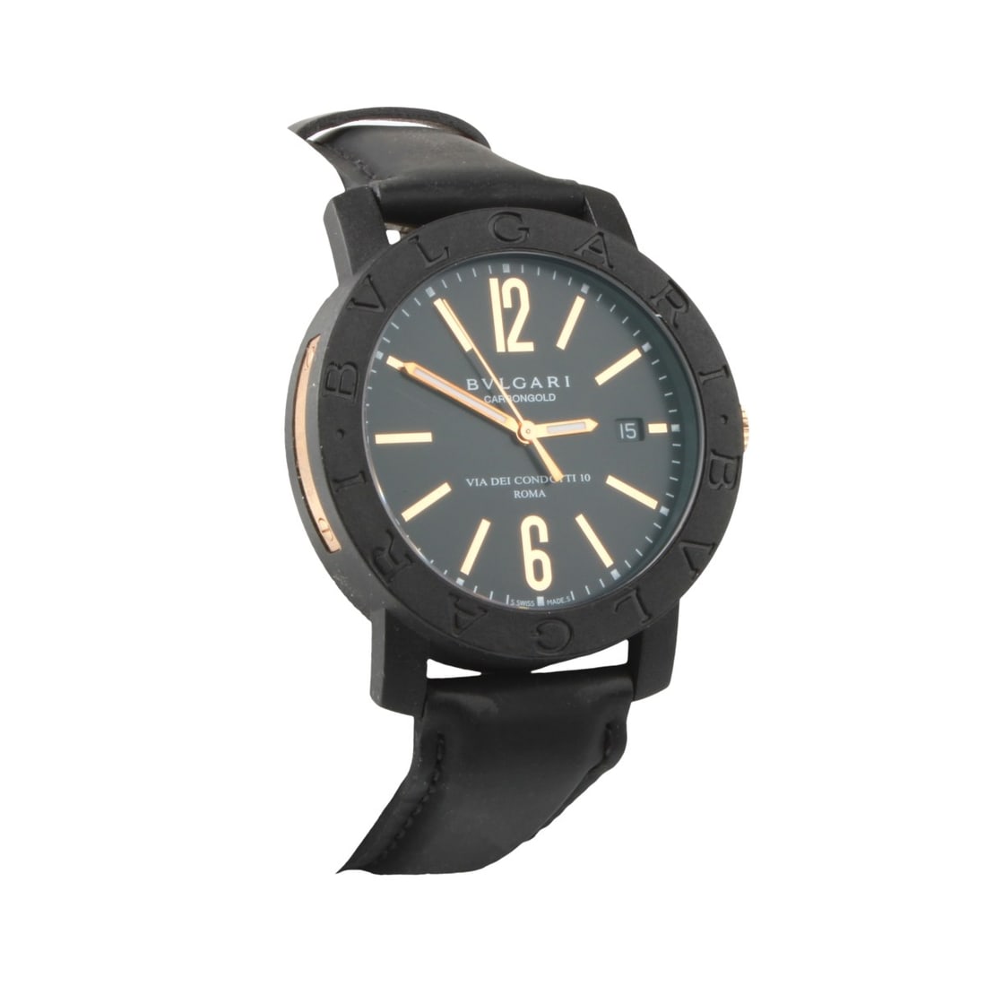Bulgari Carbongold Wristwatch: Bulgari Carbongold Via de Condotti 10 Roma Automatic Self Winding Wristwatch. Black dial with Arabic indexes, carbon bezel, sapphire crystal, and original leather strap with carbon buckle. Strap measu