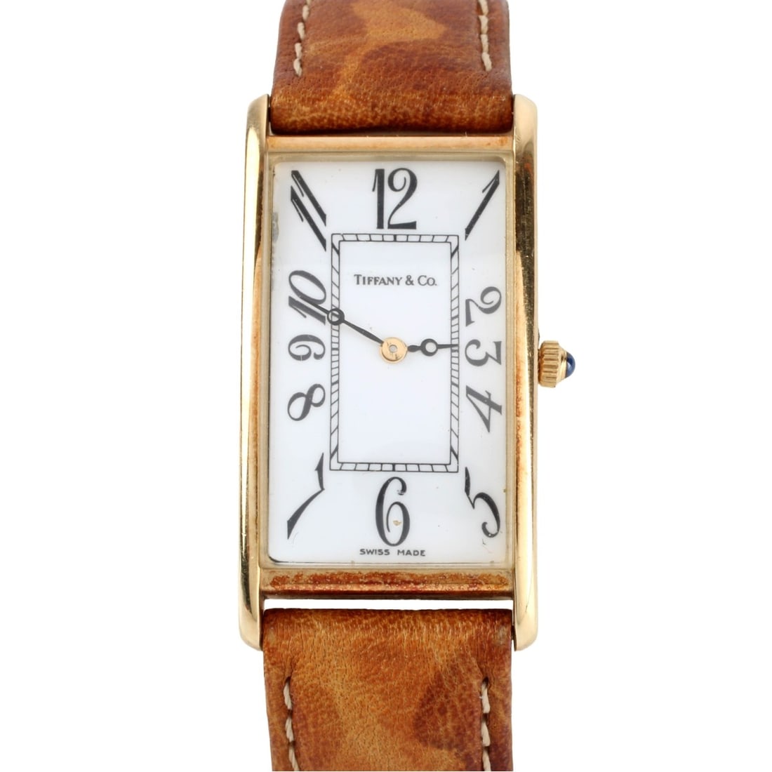 Tiffany & Co 14K Tank Watch: Vintage Tiffany & Co 14 Karat Yellow Gold Tank Watch with Leather Strap Bracelet, White Dial. Swiss quartz movement. Case measures 30.5 x 20.5mm. Bracelet measures 9" L. Approx. gross weight: 25.37 gr