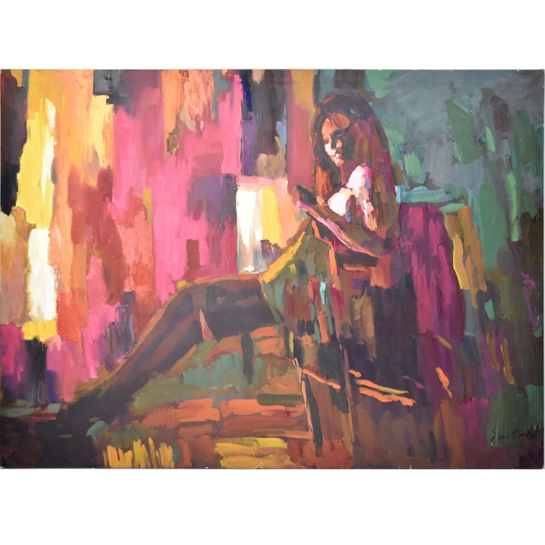 Nicola Simbari, Italian (1927-2012): Nicola Simbari, Italian (1927-2012) " Marilena" Oil on Canvas. Unframed. Depicting an interior scene of a partially nude female seated reading a book. Signed bottom right hand corner. Measures: