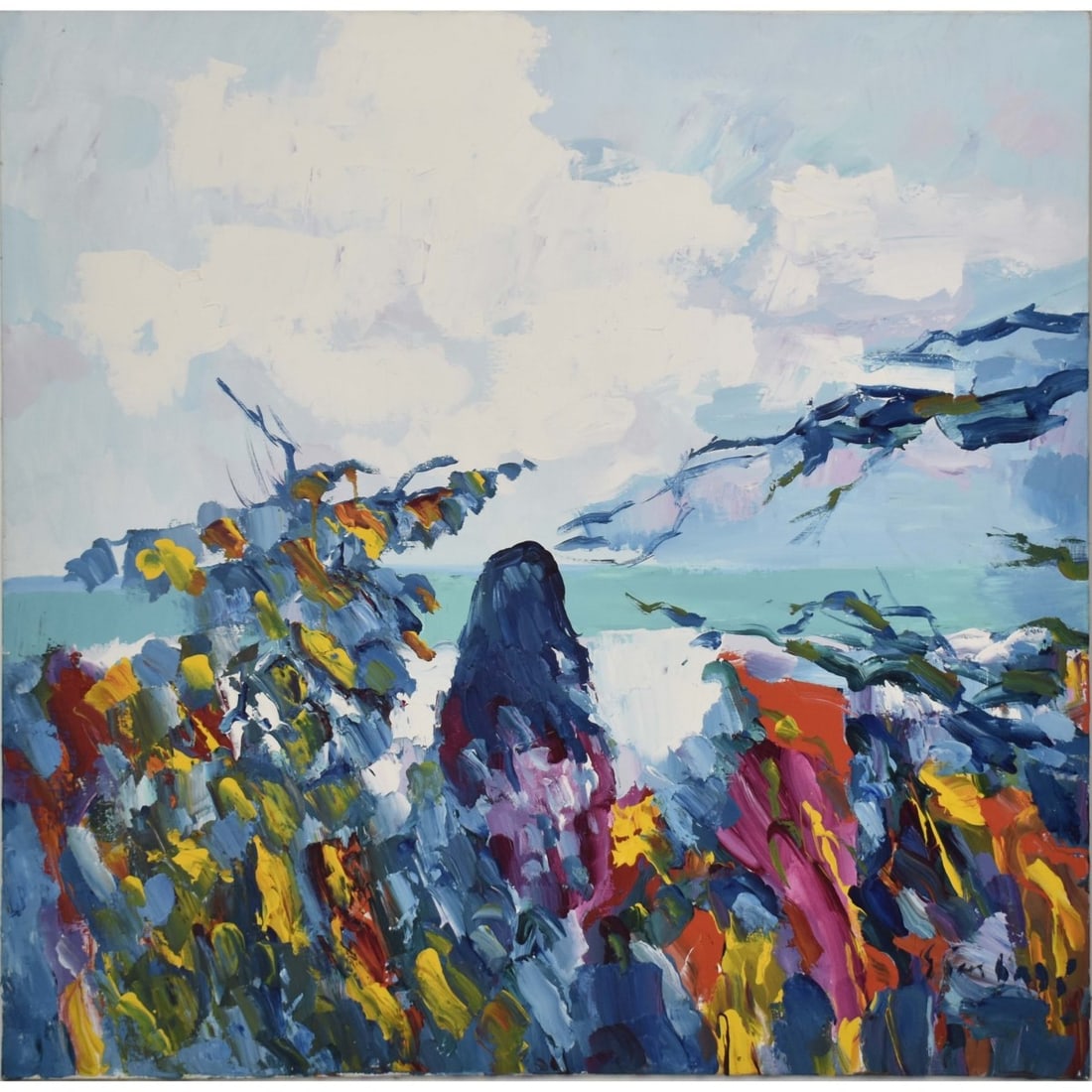 Nicola Simbari, Italian (1927-2012): Nicola Simbari, Italian (1927-2012) " La Marne" Oil on Canvas. Unframed. Depicting a dark haired female facing the ocean. Signed bottom right hand corner. Measures: 39-1/2" high, 39-1/8" wide. Kodner