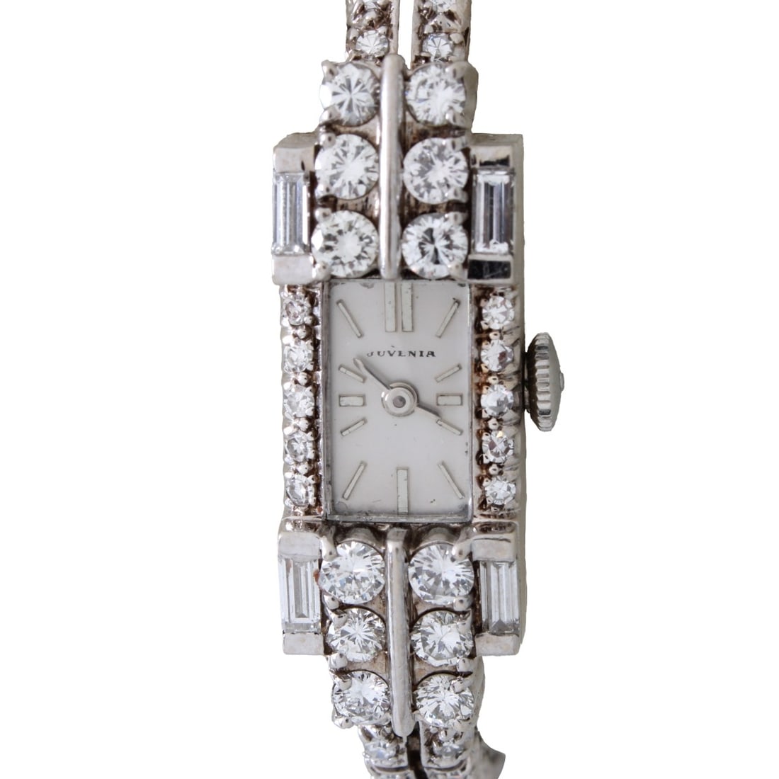 Juvenia Diamond and 14K Watch: Lady's Vintage Juvenia Approx. 3.60 Carat TW Round Brilliant and Baguette Cut Diamond and 14 Karat White Gold Bracelet Watch. Diamonds F-G color, VVS-VS clarity. Clasp stamped 14K. Manual wind movemen