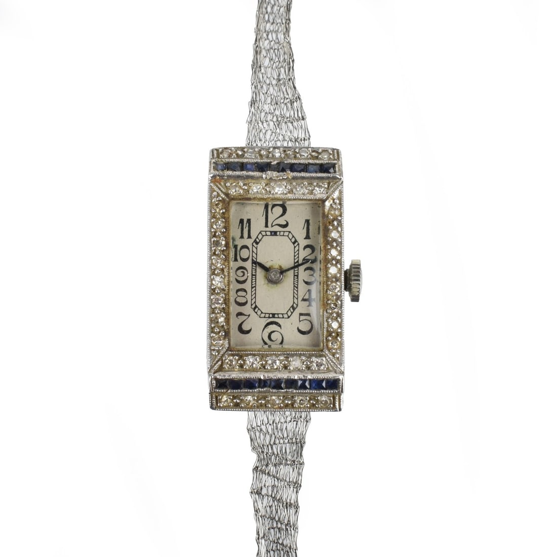 Deco Platinum and 18K Watch: Art Deco Platinum, Diamond and Sapphire Watch with Later 18 Karat White Gold Fine Mesh Link Bracelet. Manual wind movement. Case measures 28 x 14.5mm. Bracelet measures 6-1/2" L. Approx. total gross w