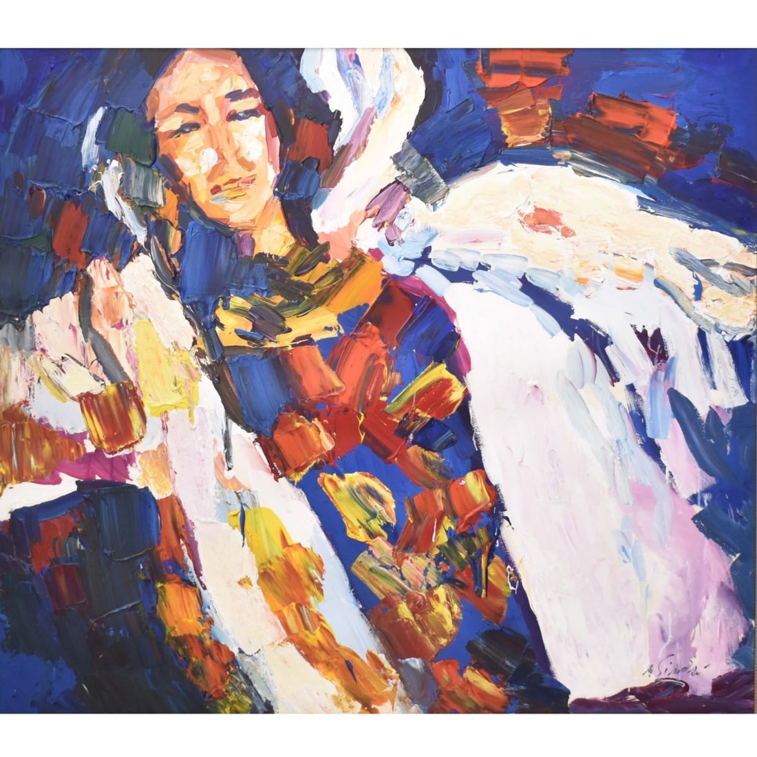 Nicola Simbari, Italian (1927-2012): Nicola Simbari, Italian (1927-2012) " Squaw" Oil on Paper Mounted on Foam Core. Framed. Depicting a young female squaw wearing a patch fur coat. Published in the book, Simbari, published by Verdome