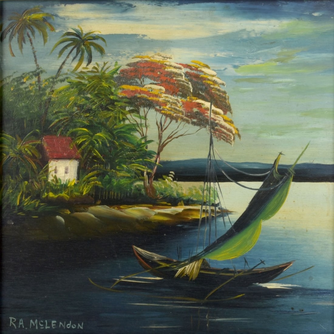R.A. McLendon, American (1932-2024): R.A. McLendon (1932-2024) Florida Highwaymen Painting on Board Depicting a Small Boat and a Cabin at Waters Edge. Signed "RA McLendon" bottom left hand corner. Board measures: 18" high, 18" wide,