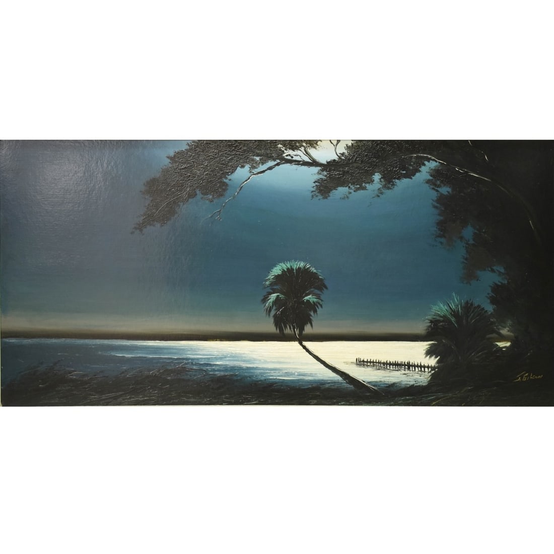 James Gibson, American (1938-2017): James Gibson, American (1938-2017) Florida Highwaymen Painting on Masonite Depicting a Florida Palm with other Native Trees and a Small Wood Dock Jetting in the Water. Signed "J. Gibson " bottom