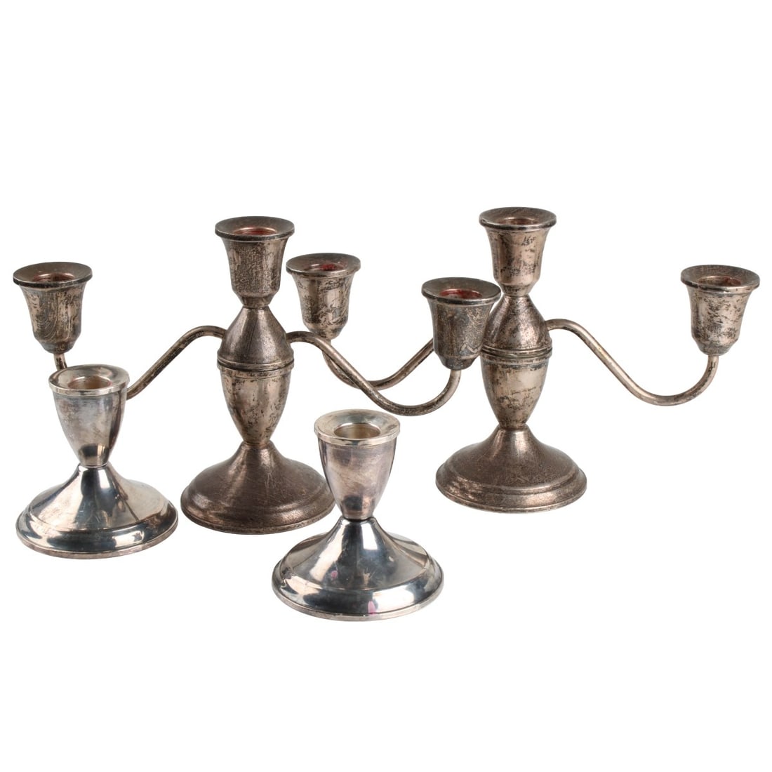 Duchin Creation Sterling Silver: Four (4) Pieces Mid-century Duchin Creation Weighted Sterling Silver. All properly marked to the bottoms. Consisting of convertible three light candelabra, measures: 6" high, and a pair of