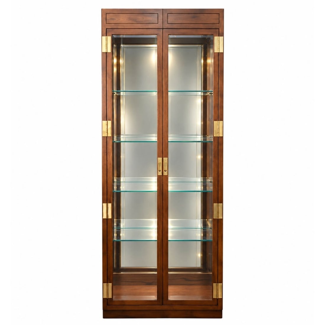 Henredon Campaign Display Cabinet: Henredon Campaign Four (4) Glass Shelves Display Cabinet with Lights, Beveled Glass and Mirror Back. Measures: 80" high, 32" wide, 15" wide. Kodner Galleries offers phone and absentee bidding at a