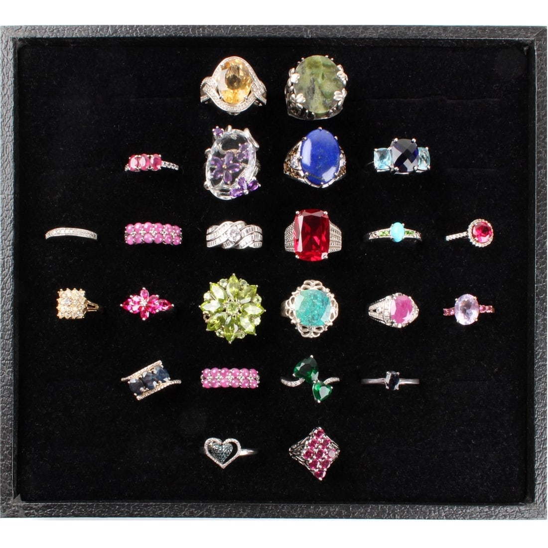 Sterling Rings: Collection of Twenty-four (24) Sterling Silver Rings., Variously accented with color stones, hardstones and faux diamonds. Ring sizes 5-1/4 to 9. Approx. total weight: 128.55 grams. Kodner Galleries