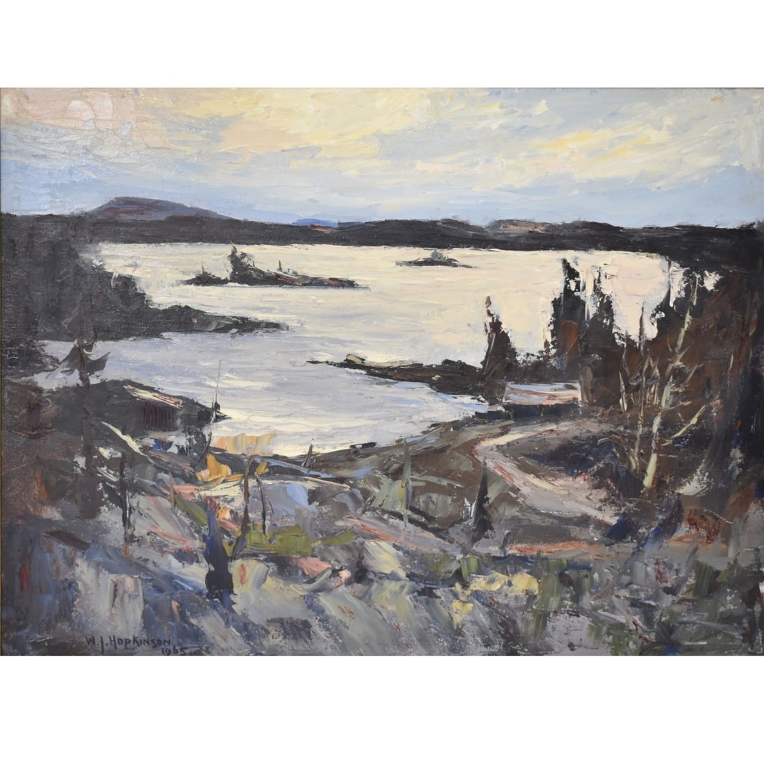 William John Hopkinson, Canadian (1887-1970): William John Hopkinson, Canadian (1887-1970) Oil on Masonite Most Likely a View of Eagle Lake. Signed bottom left hand corner and dated "1965". Image area measures: 23" high, 29" wide, frame